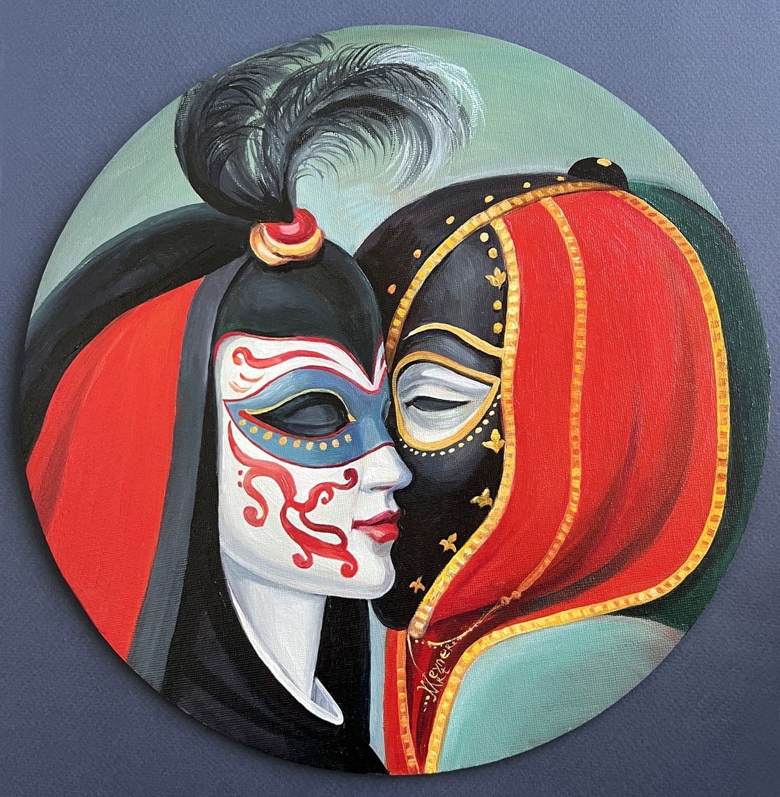 Secret. Portrait of a couple in love wearing masks. Oil painting by ...