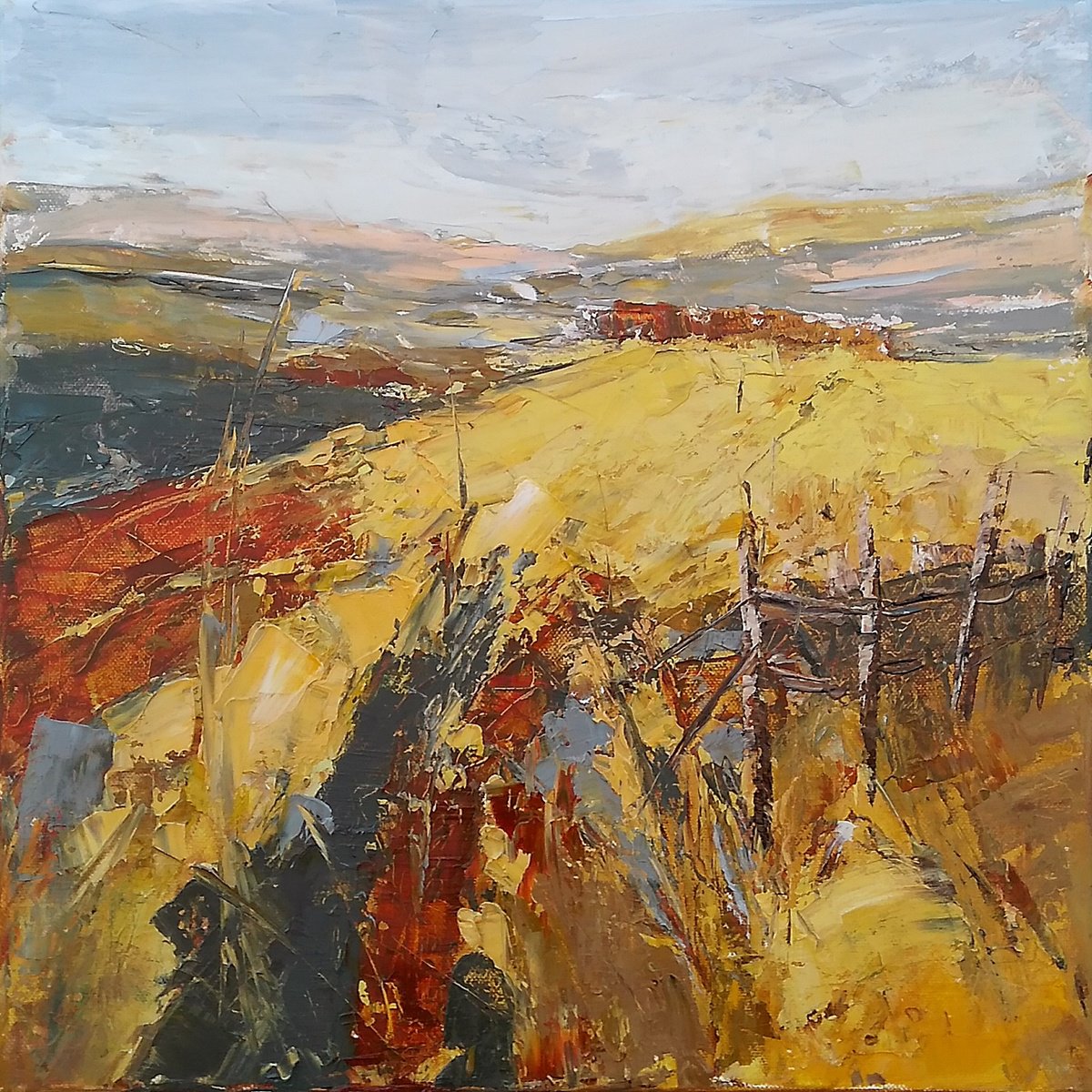 WHERE FREEDOM BEGINS, 40x40cm, golden autumn fields landscape by Emilia Milcheva