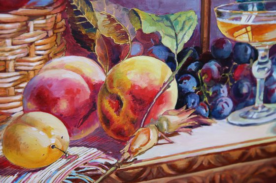 still life Grapes and Macaw Parrot