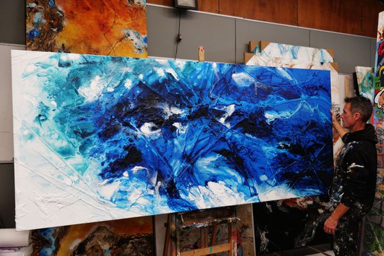 Reef Fracture 270cm x 120cm Blue White Textured Abstract Art