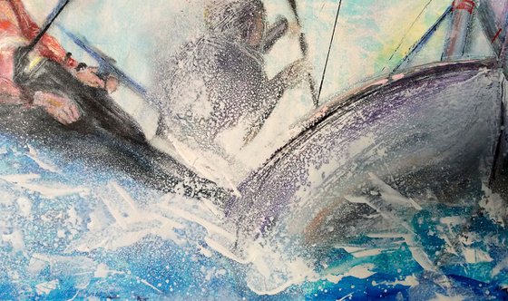"Blue sailing", original Mixed Media painting on paper, 76x54x0,3 cm