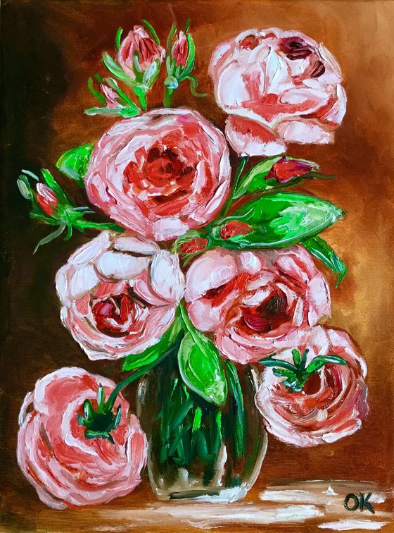 BOUQUET OF CORAL ROSES  palette knife modern red pink lip still life  flowers Dutch style office home decor gift