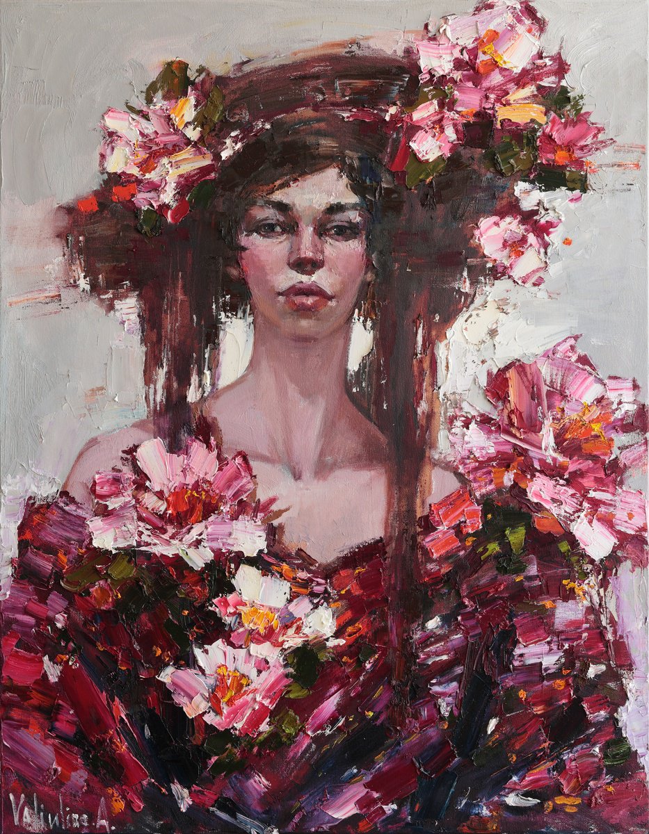 Impressionistic Portrait Oil Painting By Anastasiia Valiulina, 28 X 35, Girl And Flowers, Original Artwork