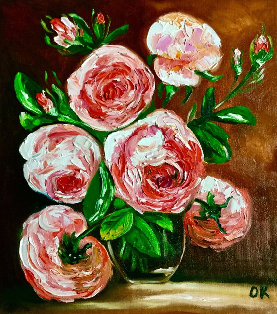 BOUQUET OF CORAL ROSES #2   palette knife modern red pink still life  flowers Dutch style office home decor gift