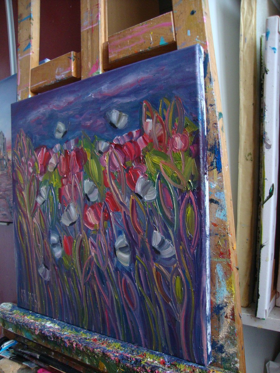 Abstract Oil Painting By Olga Knezevic, 16 X 16", Playful Garden, Original Artwork