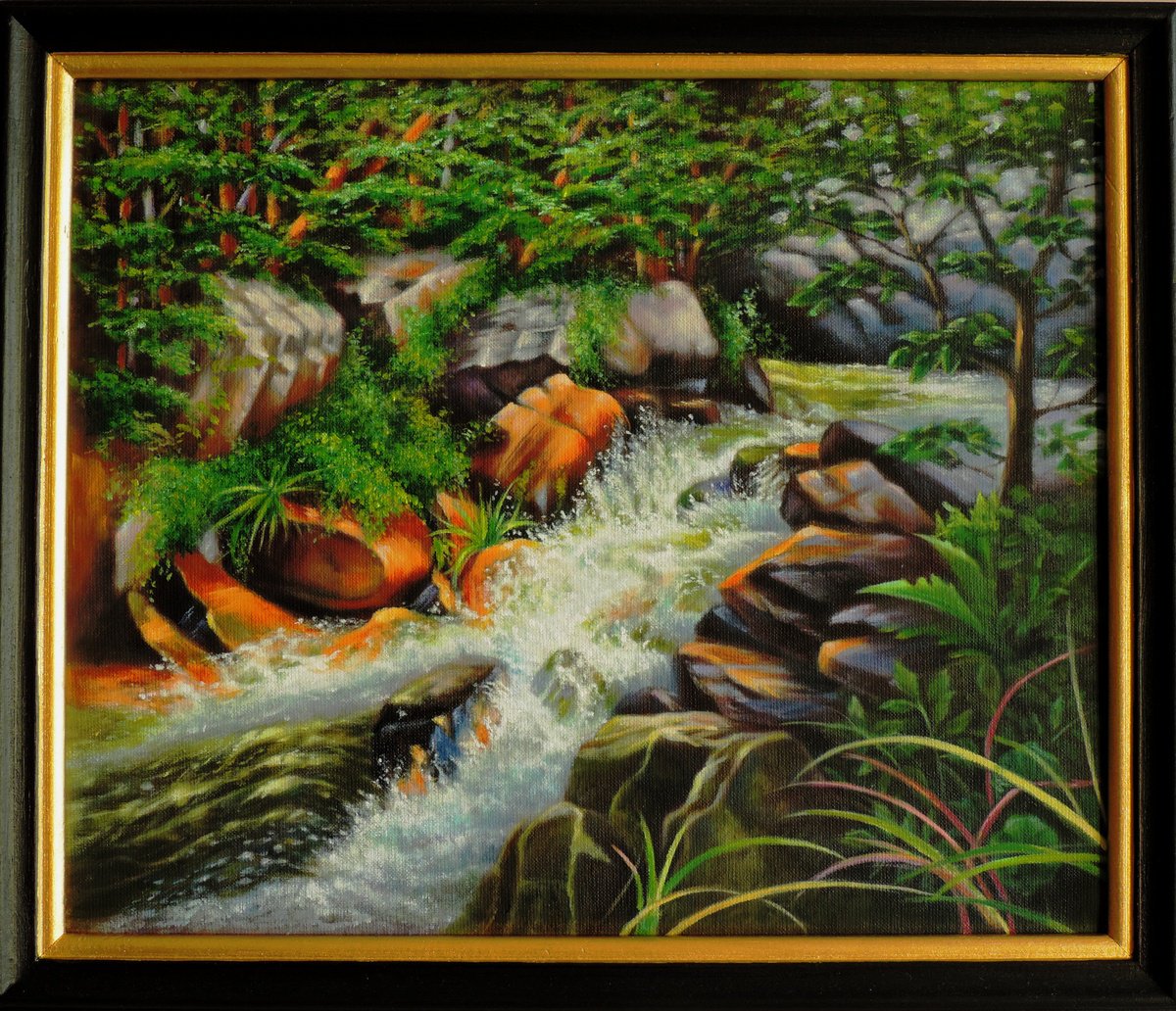 Photorealistic Landscape Oil Painting By Laura Cabral, 13 X 11", Murmur Of The River, Original Artwork