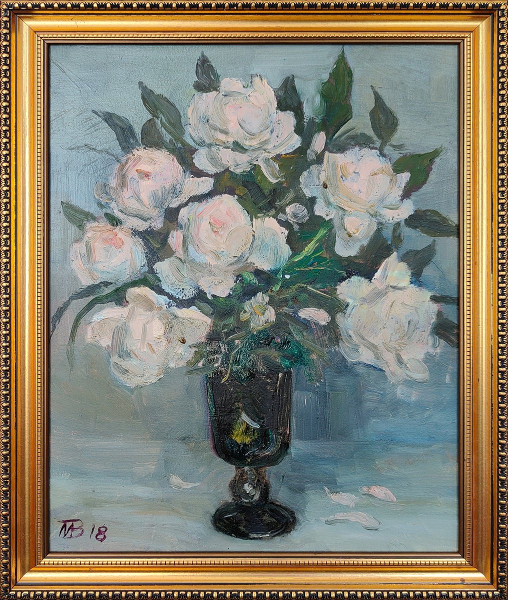 Impressionistic Still Life Oil Painting By Viktor Mishurovskiy, 10 X 14", White Peonies, Original Artwork
