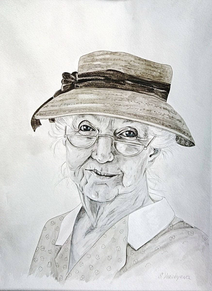 Miss Marple. Portrait. Monochrome watercolor painting. by Svetlana Vorobyeva