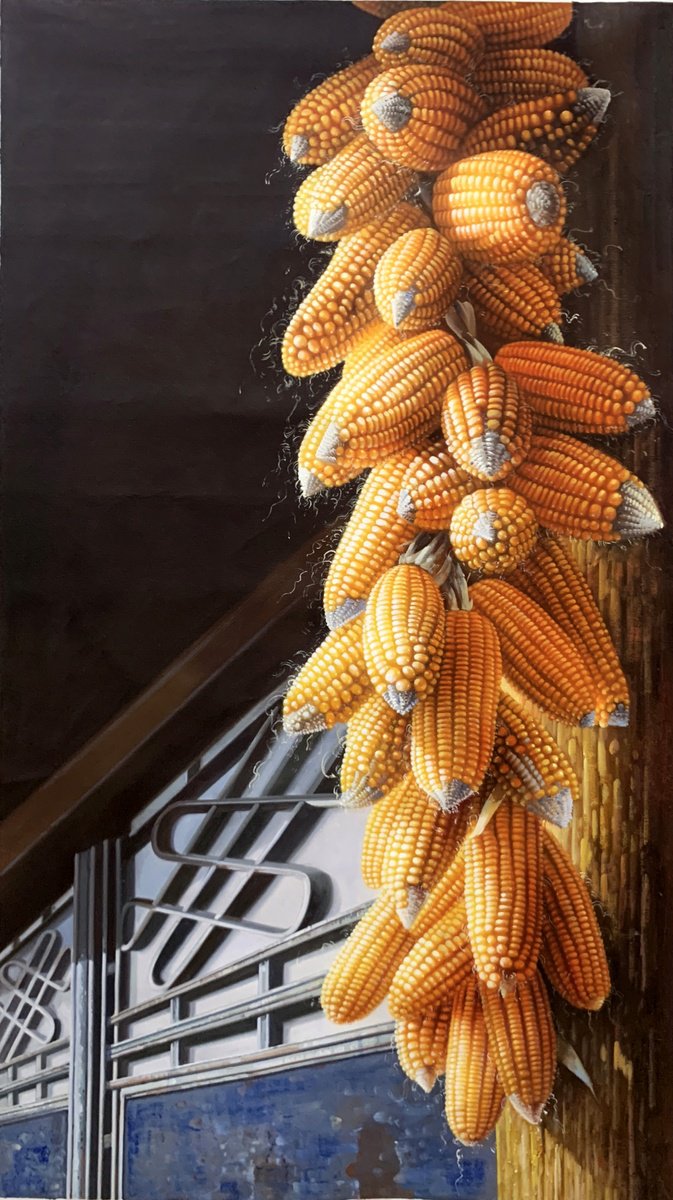 Still life oil painting:Corns hang in front of the window by Kunlong Wang