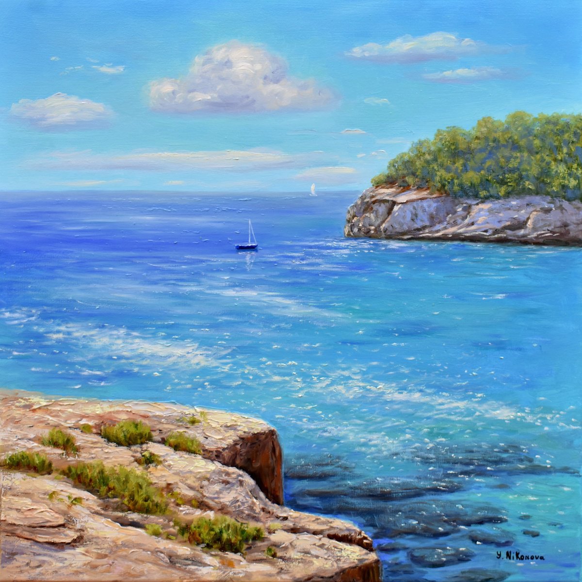 Impressionistic Landscape Oil Painting By Yulia Nikonova, 24 X 24", Blue Serenity, Original Artwork