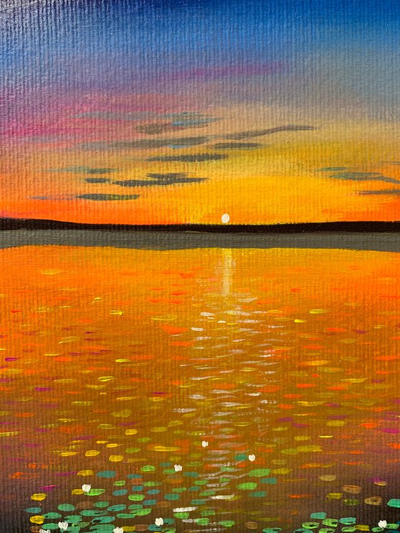 Water lily pond at sunset - 4 ! A4 size Painting on paper