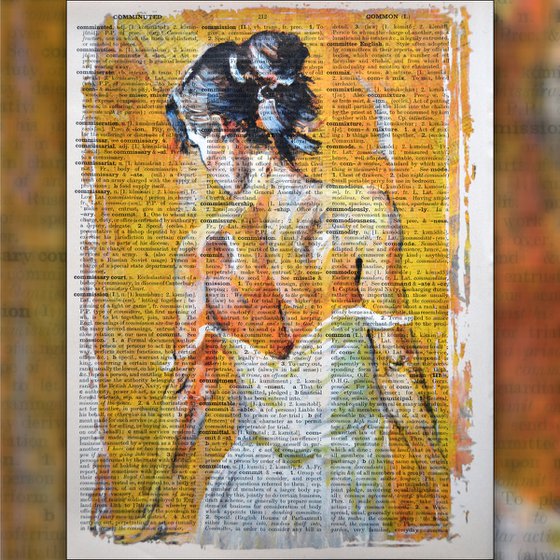 Yellow Portrait of Girl - Collage Art on Large Real English Dictionary Vintage Book Page