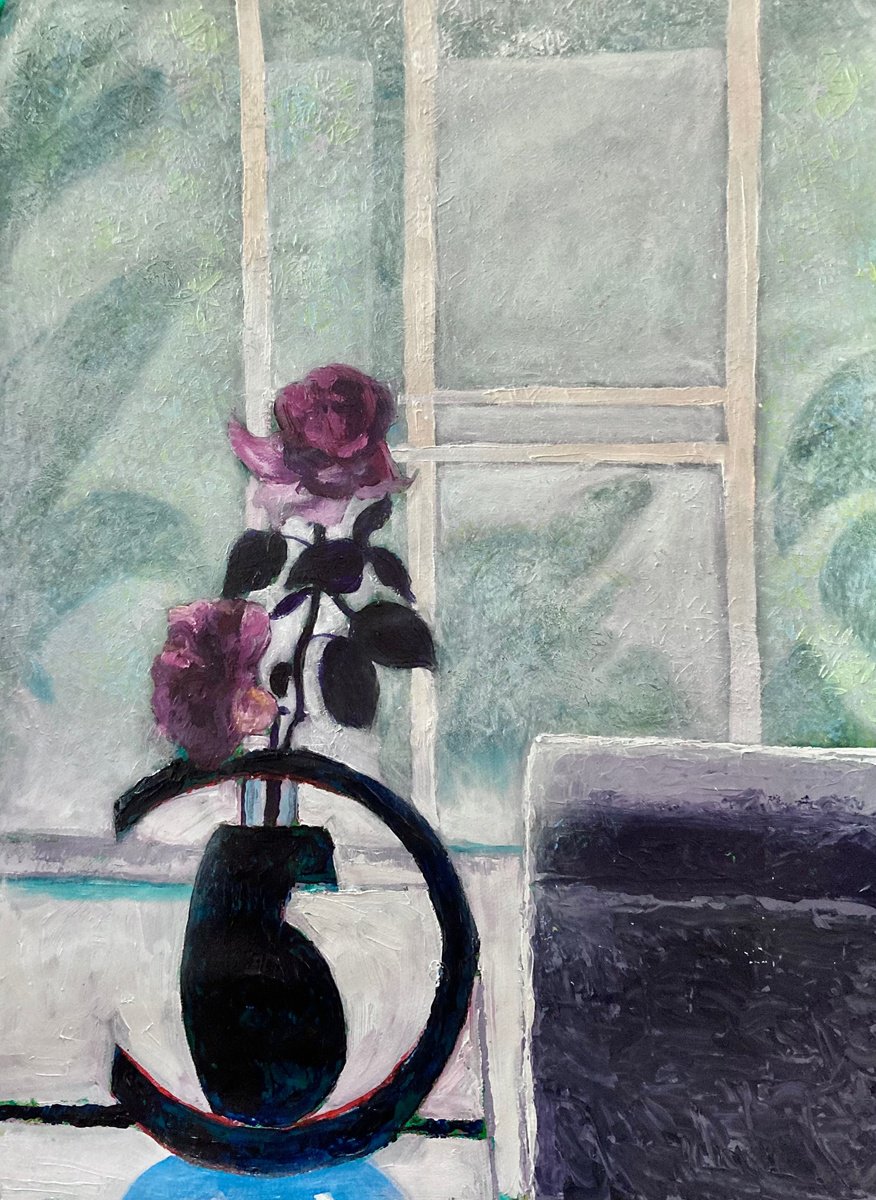 Impressionistic Botanical Acrylic Painting By John Cottee, 22 X 30, Morning Roses, Original Artwork