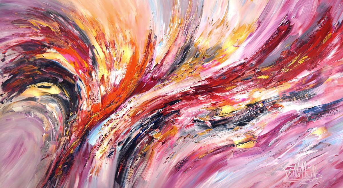 Abstract Acrylic Painting By Peter Nottrott, 61 X 33", Red And Golden Daydream C 1, Original Artwork