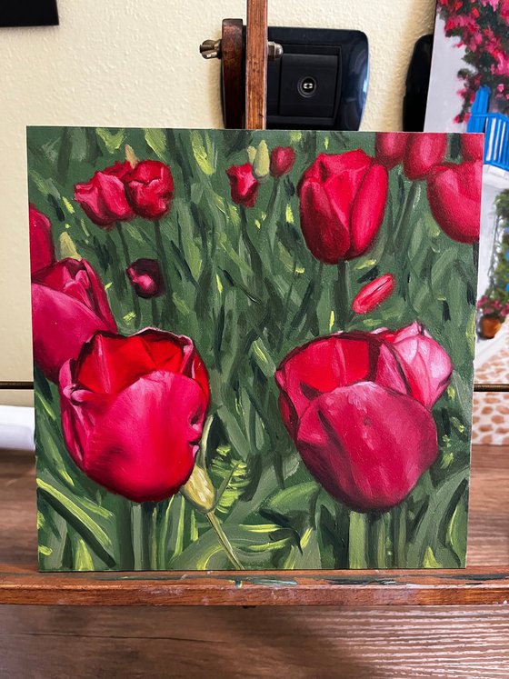 Hyperrealistic Red Tulips on Gesso Board