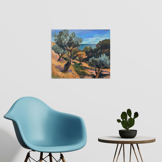 ITALY. GARGANO. OLIVE TREES - original  oil on canvas olive trees Italian landscape sky sea gift home decor