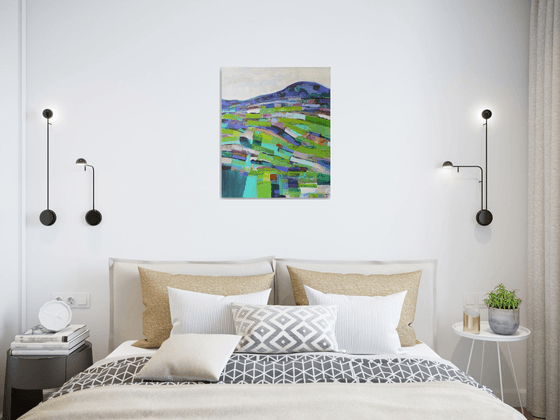 Abstract landscape - Green fields  (ready to hang semi abstract landscape on canvas)