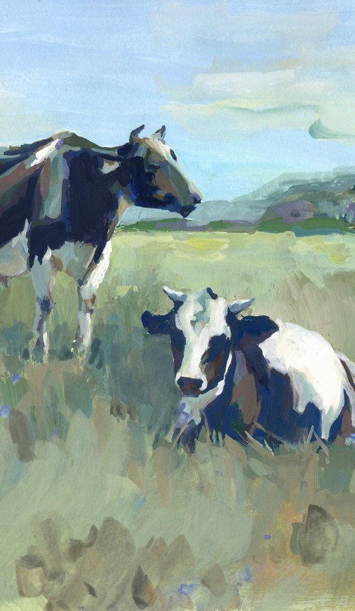 Black and white cows in the meadow, gouache painting by Yulia Evsyukova