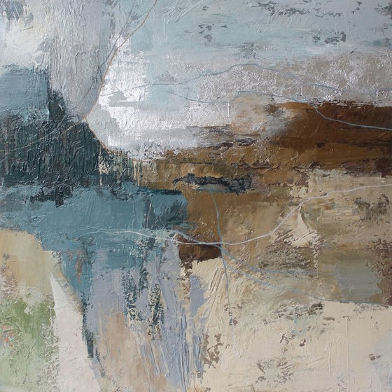 "Fall 6" Abstract blue brown silver art