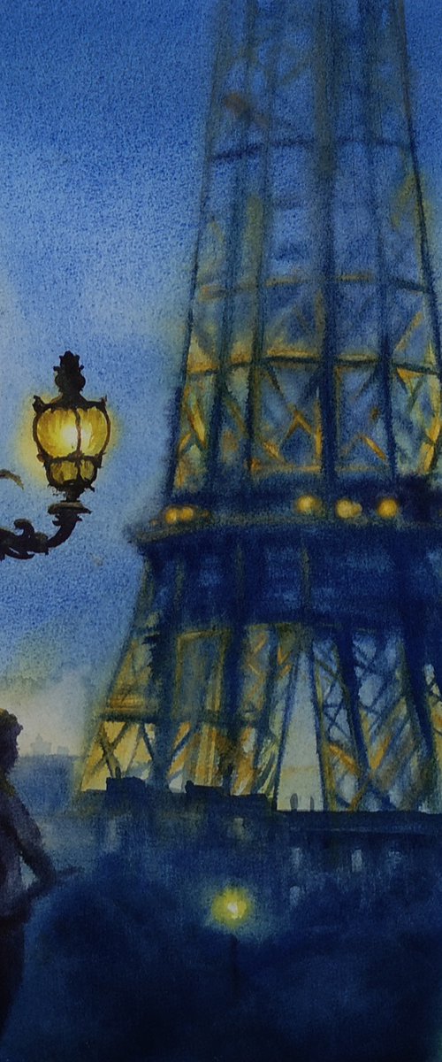 Paris Eiffel Tower seen from the Alexander III Bridge at night by Olga Beliaeva Watercolour