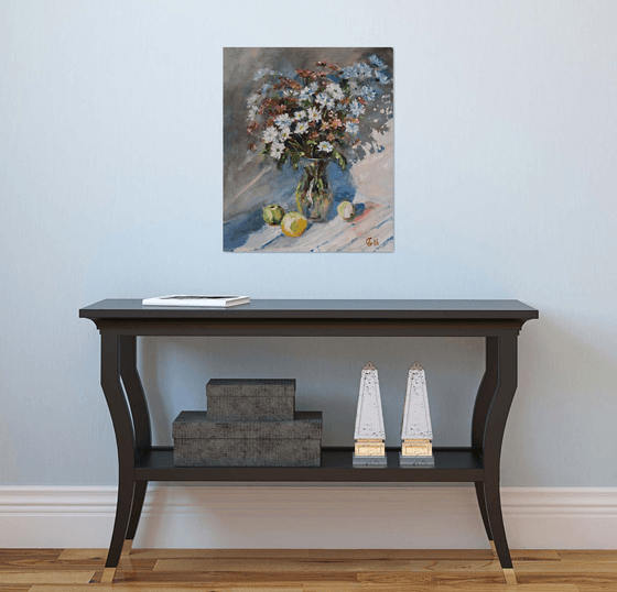 Autumn bouquet. Original oil painting. Impressionistic still life flowers gentle muted colors shadow provence bright