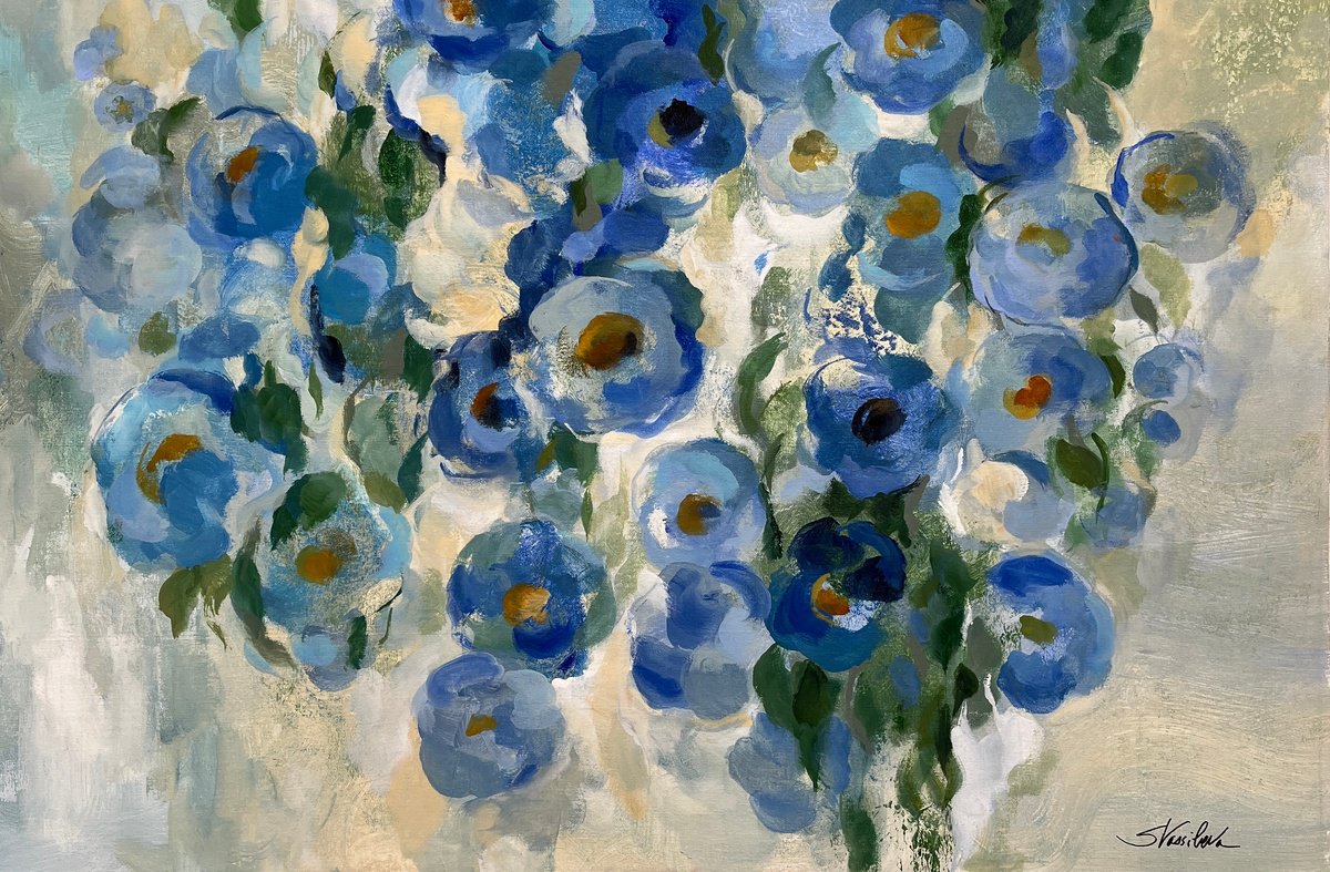 Impressionistic Botanical Acrylic Painting By Silvia Vassileva, 36 X 24", Blue Garden, Original Artwork
