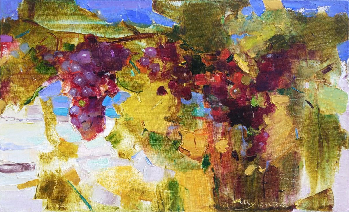 Vineyards in a mountain village Grape Gifts of autumn Original oil painting by Helen Shukina