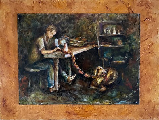 Unique Original Oil Painting of a Vintage Cobbler and it’s Helper 9x12 on 12x16 glazed panel