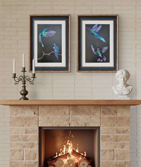 Colibri Flowers Diptych Pastel