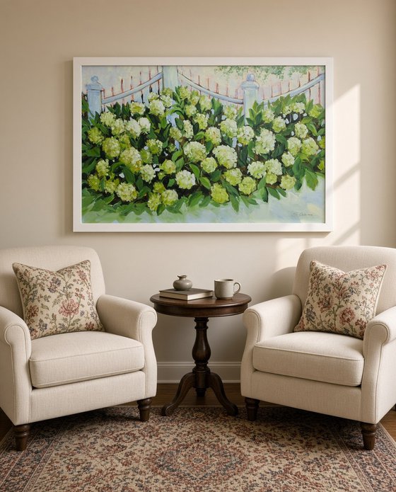 White Hydrangeas by the Fence