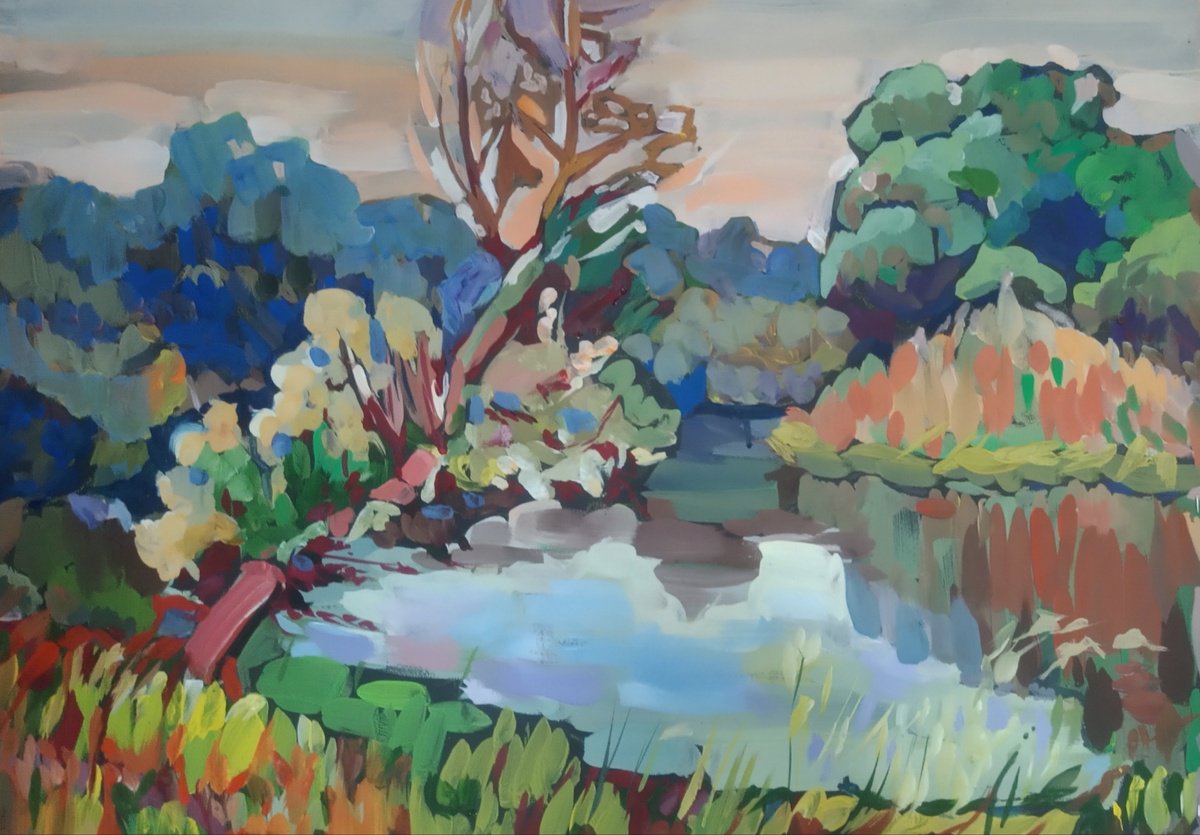 Impressionistic Landscape Painting By Valentina Kachina, 28 X 20", On The River, Original Artwork