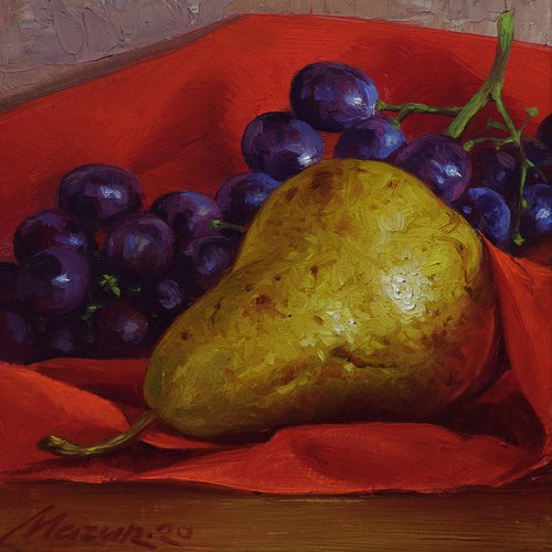 Black grapes, yellow pear by Nik Mazur
