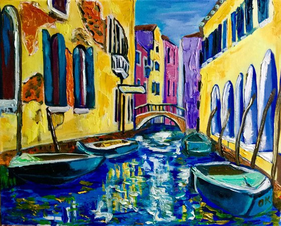 VENICE CANAL BRIDGE. HOME DECOR. PALETTE KNIFE OIL PAINTING. OFFICE URBAN WALL ART