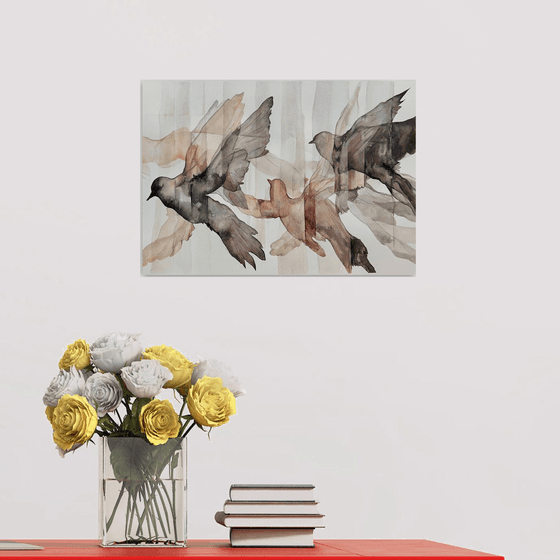 Beige - Black Flying pigeons Silhouette