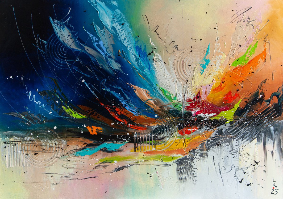 Abstract Oil Painting By Liubov Kuptsova, 28 X 20", Wings Of The Universe, Original Artwork