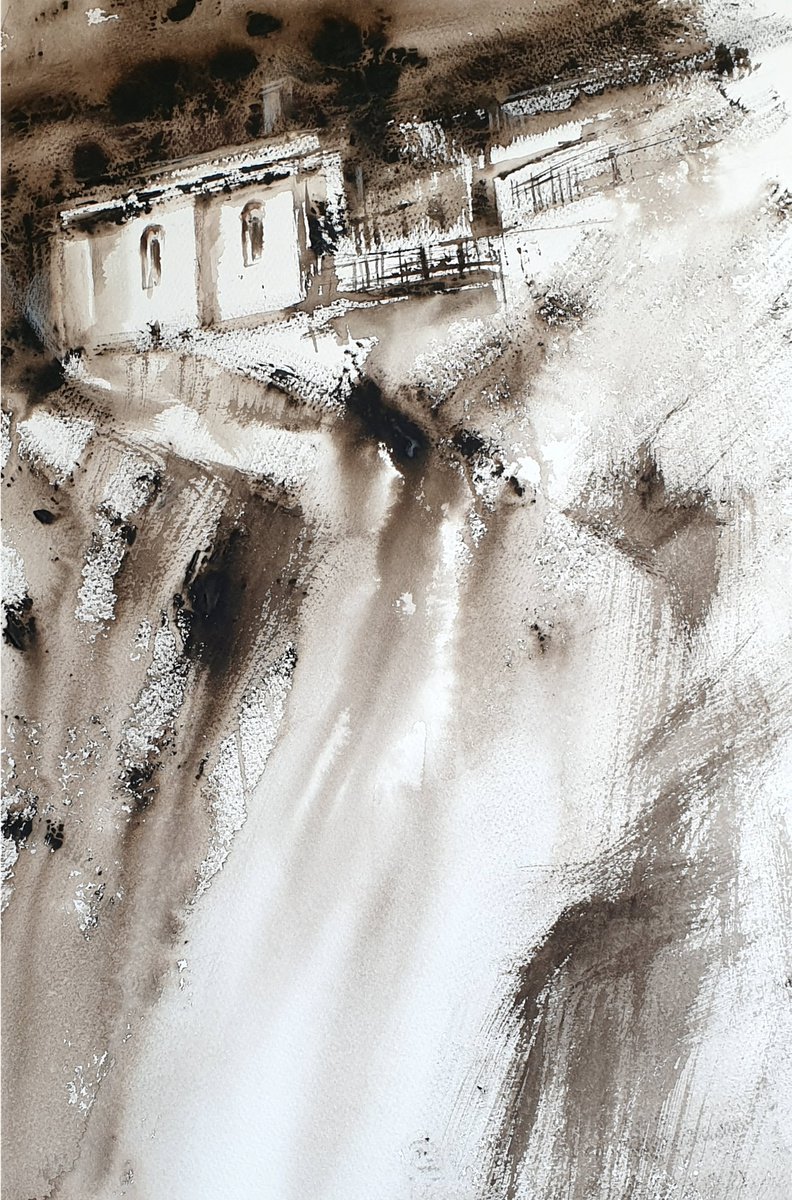 Impressionistic Landscape Watercolour By Elena Genkin, 15 X 22, Sanctuary Of Covadonga. Monochrome Edition., Original Artwork