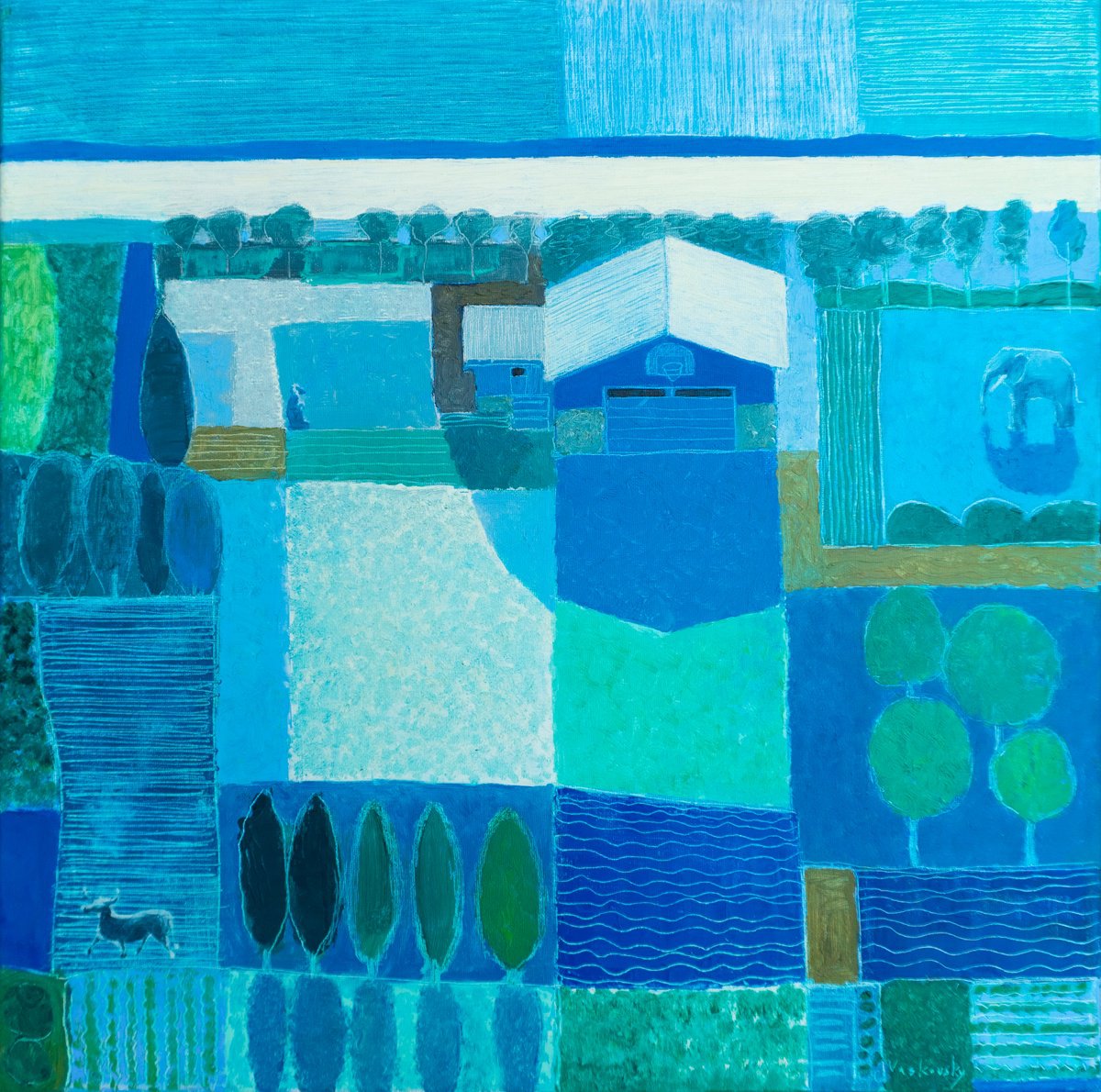 Naive Landscape Oil Painting By Vadim Vaskovsky, 24 X 24", House With Sculpture Garden, Original Artwork