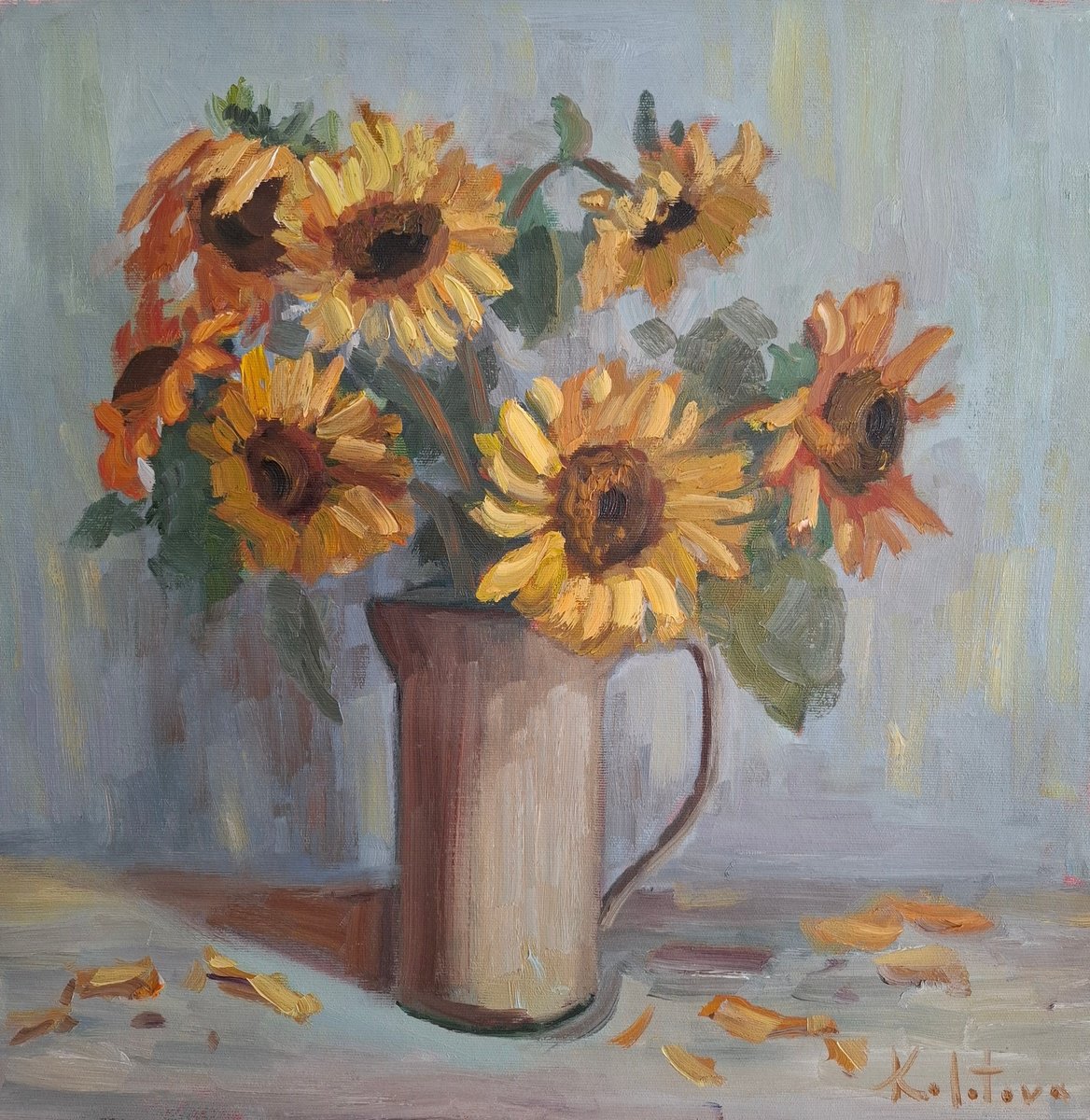 Impressionistic Botanical Oil Painting By Olena Kolotova, 20 X 20", Flowers Artwork "Sunflowers - , Original Artwork