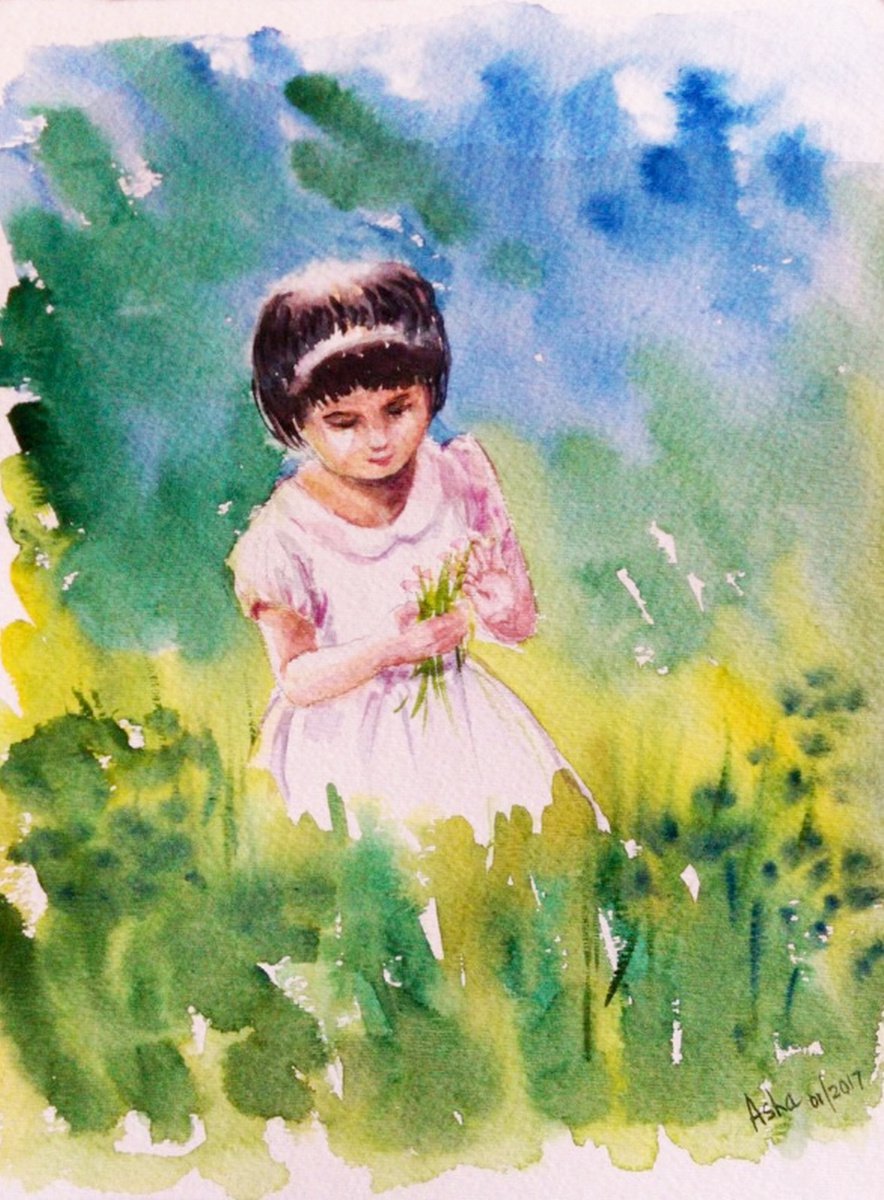 Impressionistic Portrait Watercolour By Asha Shenoy, 9 X 12, Girl In The Garden Childhood Joys 3, Original Artwork