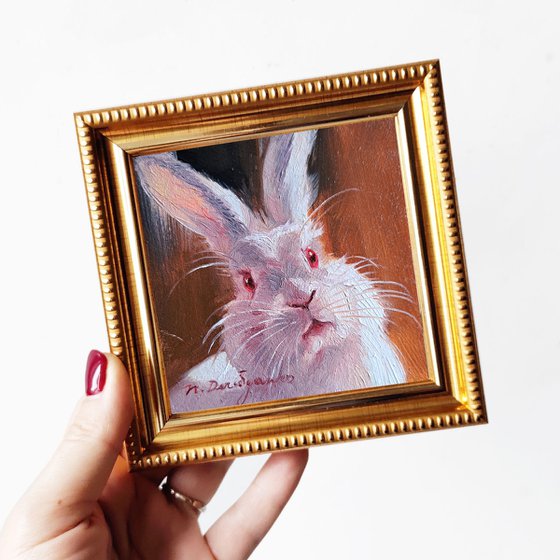 White rabbit painting original oil picture framed 4x4, Small framed art red rabbit custom portrait