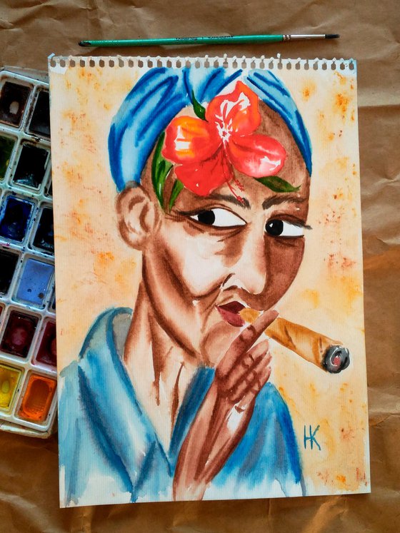 Flower Head Painting Portrait Original Art Cuban Watercolor Smoking Woman Small Artwork Home Wall Art 8 by 11" by Halyna Kirichenko