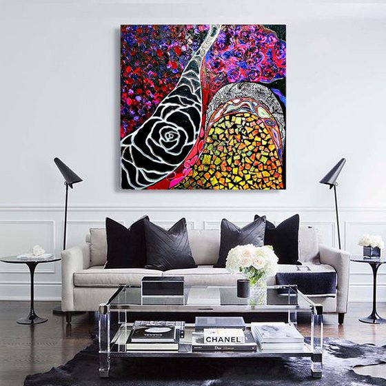 Large abstract painting 100x100 cm . Black gold burgundy lilac art deco wall art