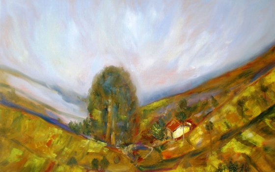 Cottage on the Hill, Impressionist Painting