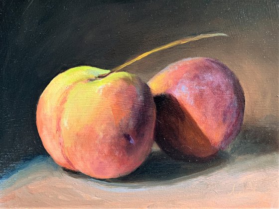 Peaches oil painting classic still life  framed ready to hang.