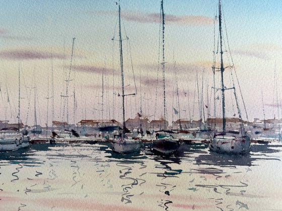 Yachts on the pier in a pink sunset #2