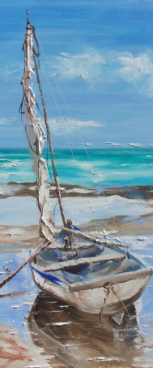 " BLUE BOAT ON LONELY BEACH " by Monika Luniak