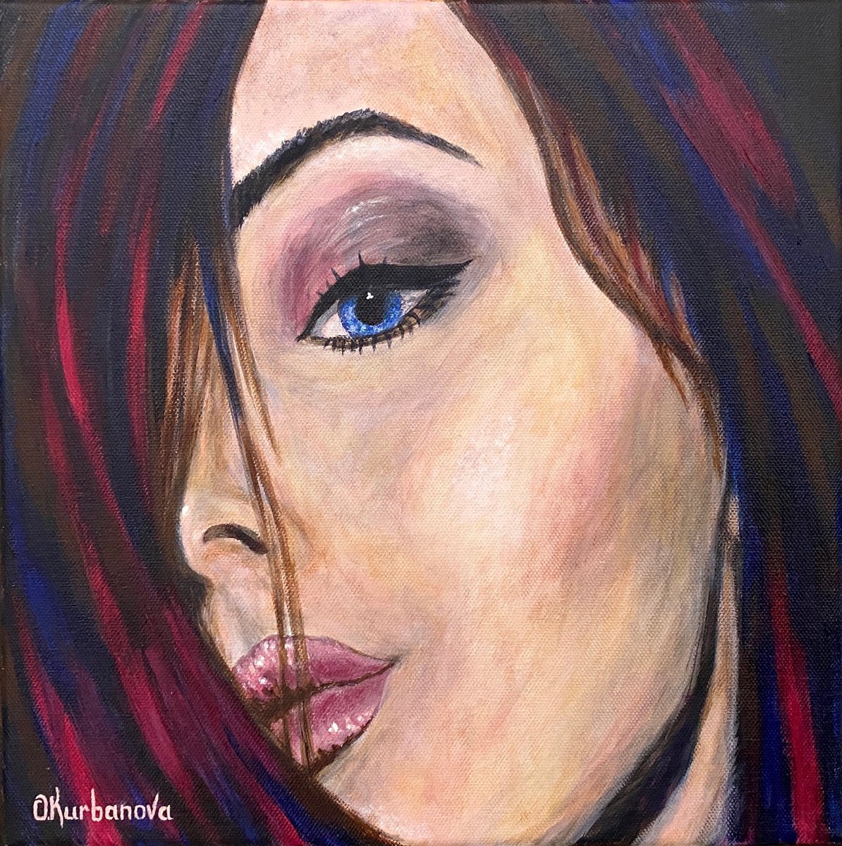 Impressionistic Portrait Acrylic Painting By Olga Kurbanova, 12 X 12", Mystery, Original Artwork