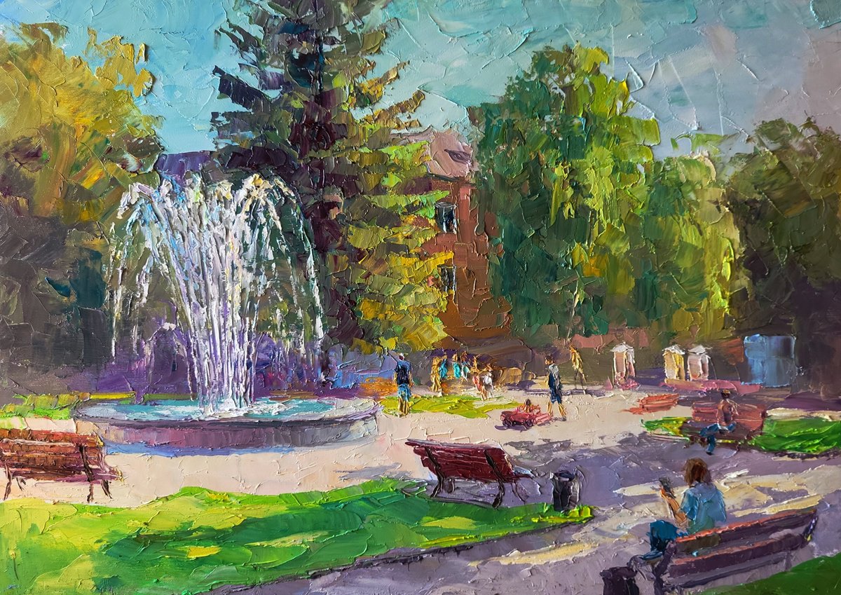 City Park With A Fountain By Boris Serdyuk, 28 X 20, Artwork For Sale On Artfinder