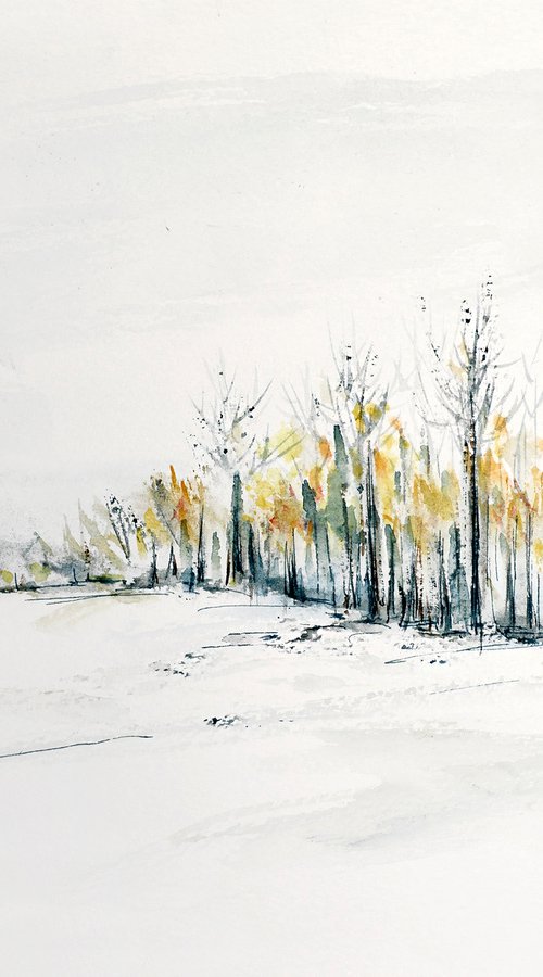 Winter calmness - original watercolor and ink painting by Aniko Hencz