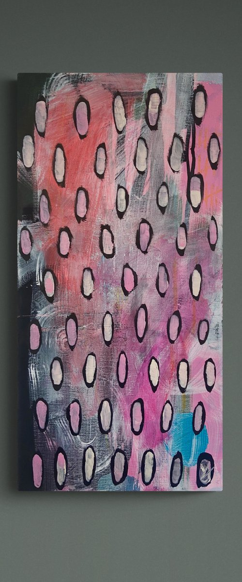 DAILY DOSE- a vertical painting, pink, black and white, circles, modern by Yulia Ani